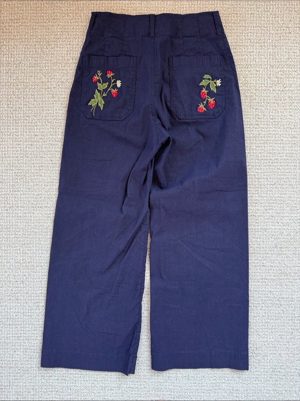 Anthropologie Maeve ‘Colette’ Navy Wide-Leg Pants with Strawberry Back Pockets